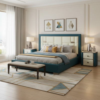 Luxuriöses blaues Bett mit modernem gepolstertem Kopfteil und auffälligen Farben