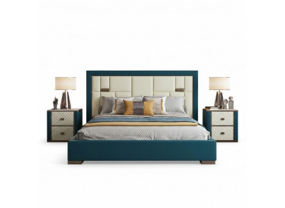 Luxuriöses blaues Bett mit modernem gepolstertem Kopfteil und auffälligen Farben