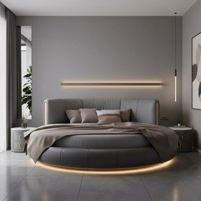 Exklusives grau-beiges rundes Bett mit modernem Design für das Schlafzimmer