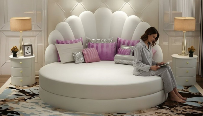 Elegantes rundes weißes Polsterbett mit Muschel-Design, gepolstert – lilafarbene-silberfarbene Akzente, modernes Schlafzimmer