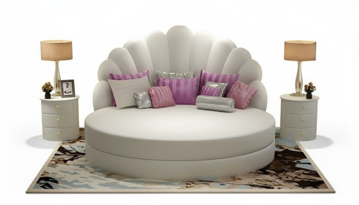 Elegantes rundes weißes Polsterbett mit Muschel-Design, gepolstert – lilafarbene-silberfarbene Akzente, modernes Schlafzimmer
