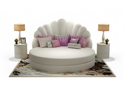 Elegantes rundes weißes Polsterbett mit Muschel-Design, gepolstert – lilafarbene-silberfarbene Akzente, modernes Schlafzimmer