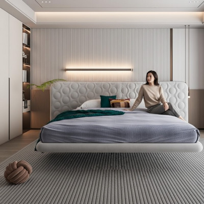 Moderne weiße Polsterbett in einem minimalistischen, runden Design