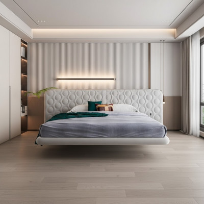 Moderne weiße Polsterbett in einem minimalistischen, runden Design