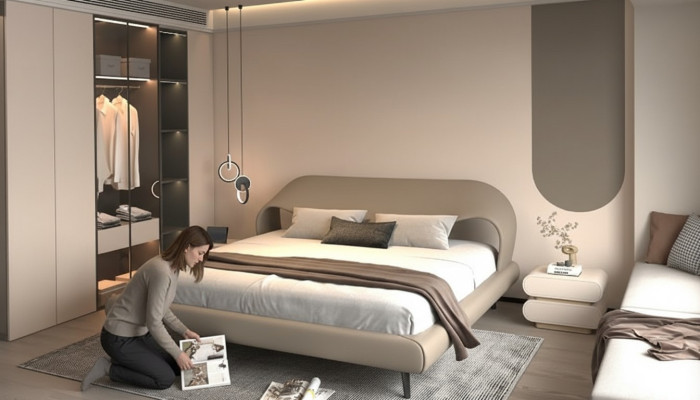 Elegantes graues Bett mit minimalistischem, abgerundetem Design