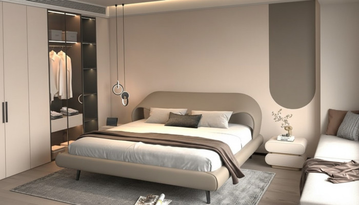 Elegantes graues Bett mit minimalistischem, abgerundetem Design