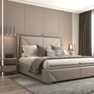 Luxusbett im modernen Design beige mit goldenen Akzenten und elegantem Kopfteil