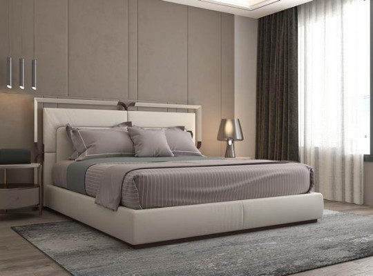 Modernes luxuriöses Bett in Beige mit braunen Akzenten und elegantem Kopfteil
