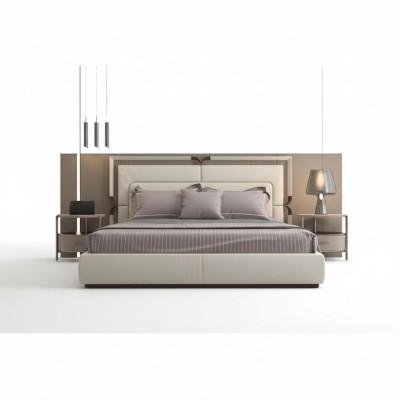 Modernes luxuriöses Bett in Beige mit braunen Akzenten und elegantem Kopfteil