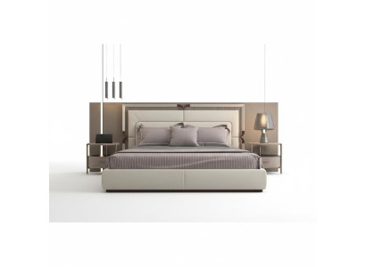 Modernes luxuriöses Bett in Beige mit braunen Akzenten und elegantem Kopfteil