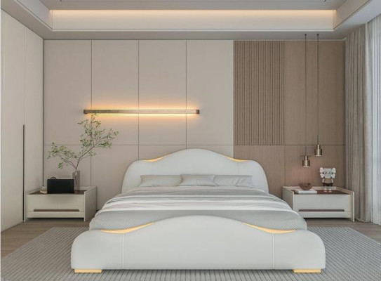 Modernes Design-Bett in Grau mit goldenen Akzenten und elegantem Kopfteil