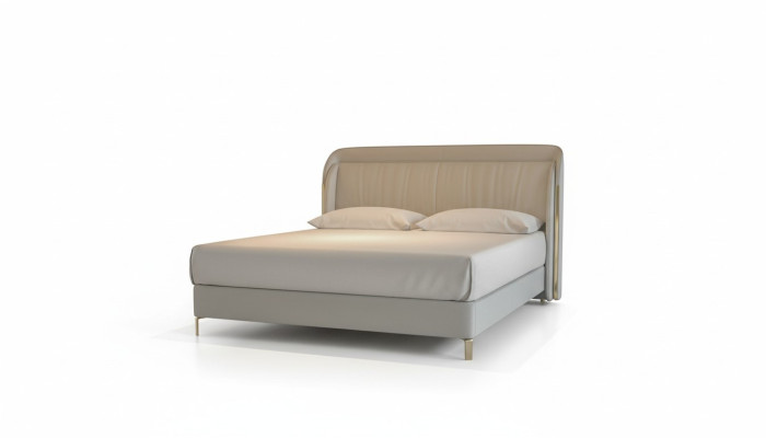 Modernes luxuriöses Bett in grauer Farbe mit elegantem goldenen Kopfteil