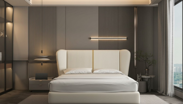 Luxuriöses beige-farbenes modernes Polsterbett