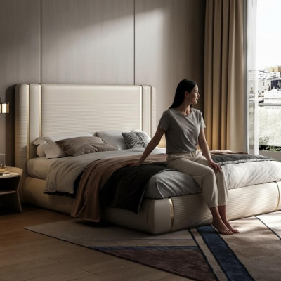 Beiges gepolstertes Bett mit luxuriösem modernen Design