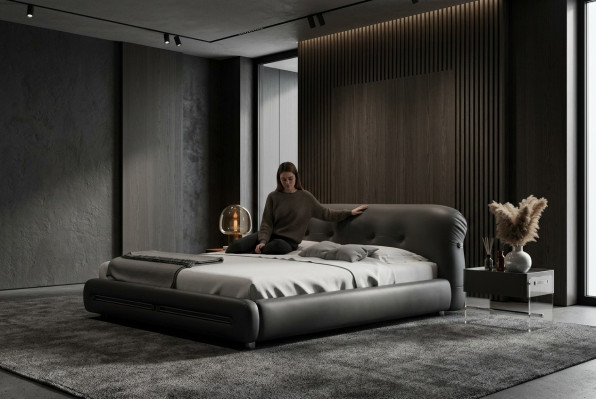 Schwarzes Polsterbett im modernen Design, Komfort und Luxus-Stil
