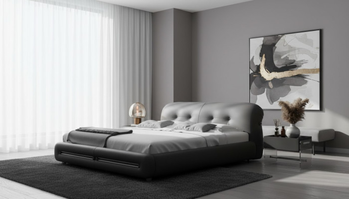 Schwarzes Polsterbett im modernen Design, Komfort und Luxus-Stil
