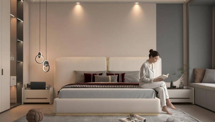 Elegantes gepolstertes Bett im Beige-Design