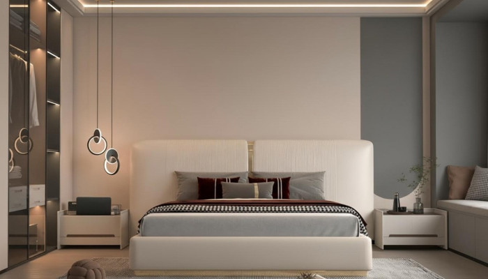 Elegantes gepolstertes Bett im Beige-Design
