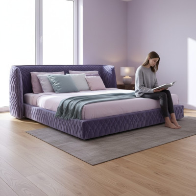 Modernes Design Polsterbett aus luxuriösem Samt in Blau mit elegantem Kopfteil
