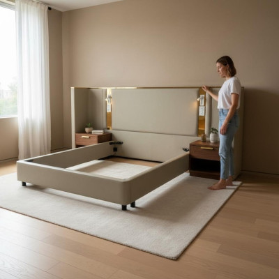 Luxuriöses Design-Bett in Beige mit LED-Beleuchtung, goldenem Rahmen und modernem Kopfteil