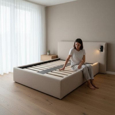 Beiges gepolstertes Bett im modernen Hoteldesign mit LED-Beleuchtung und luxuriösem Eckkopfteil