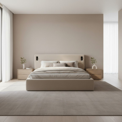Beiges gepolstertes Bett im modernen Hoteldesign mit LED-Beleuchtung und luxuriösem Eckkopfteil