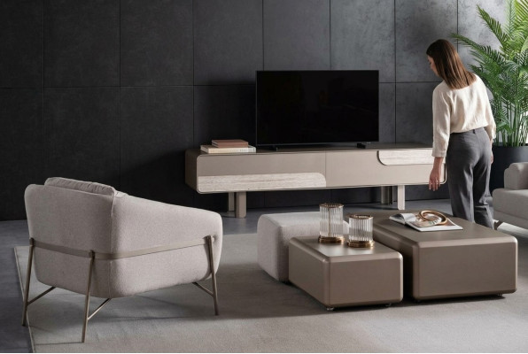 Moderner Wohnzimmer Möbelset Textil Beige Sessel TV-Lowboard
