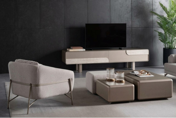 Moderner Wohnzimmer Möbelset Textil Beige Sessel TV-Lowboard