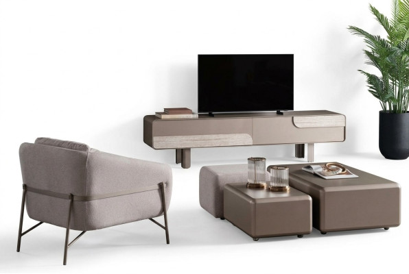 Moderner Wohnzimmer Möbelset Textil Beige Sessel TV-Lowboard