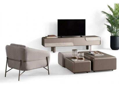 Moderner Wohnzimmer Möbelset Textil Beige Sessel TV-Lowboard
