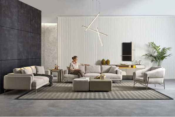 Modernes Wohnzimmer Set mit beigen Textilsofas, Couchtischen