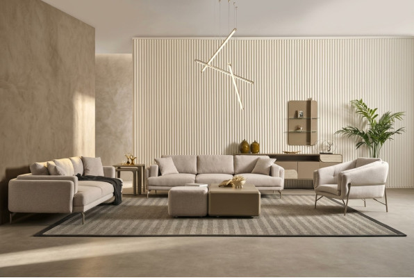 Modernes Wohnzimmer Set mit beigen Textilsofas, Couchtischen