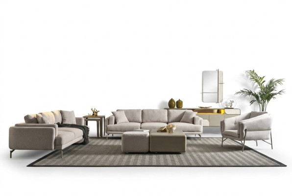 Modernes Wohnzimmer Set mit beigen Textilsofas, Couchtischen