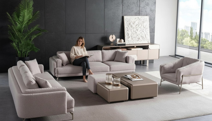 Wohnzimmer Möbelset aus Textil in Beige mit modernen Sofas, Sessel