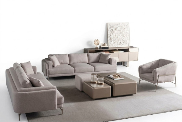 Wohnzimmer Möbelset aus Textil in Beige mit modernen Sofas, Sessel