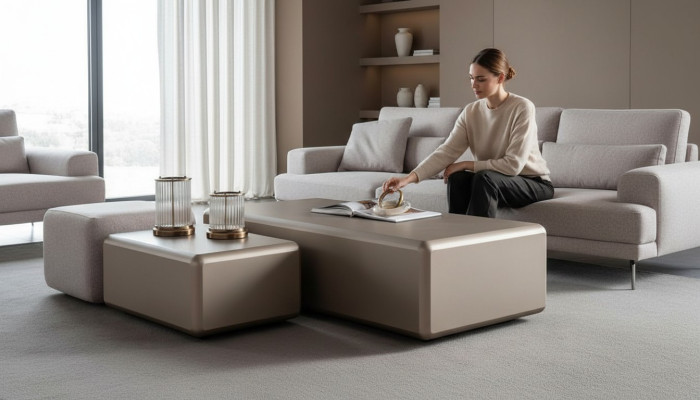 Beige Couchtisch und Hocker Set aus Textil modern und vielseitig