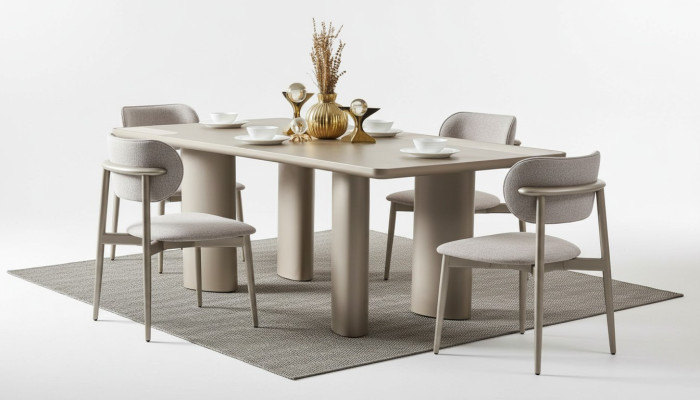 Eleganter Beiger Esstisch mit Holzbeinen und 4 Textilstühlen