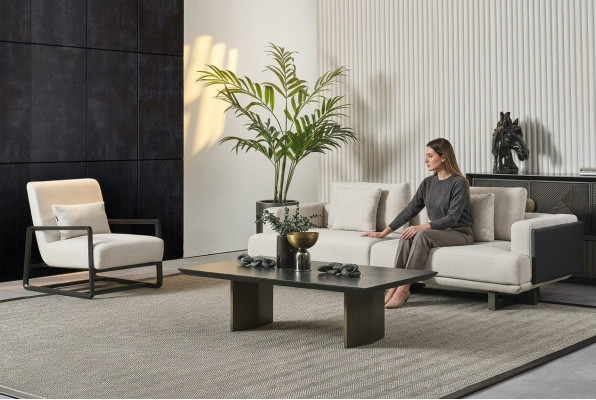Elegantes Wohnzimmermöbelset aus Holz in Braun mit 3-Sitzer, Sessel