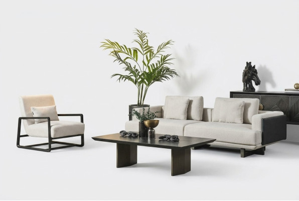 Elegantes Wohnzimmermöbelset aus Holz in Braun mit 3-Sitzer, Sessel