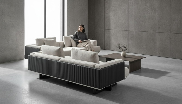 Wohnzimmer Set aus braunem Textil mit Holz Tisch und Sofas