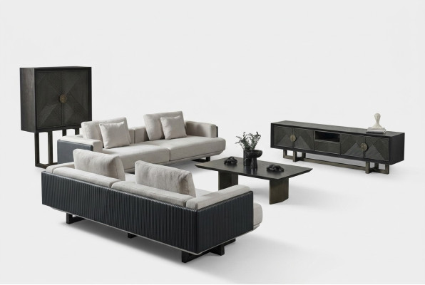 Wohnzimmer Set aus braunem Textil mit Holz Tisch und Sofas