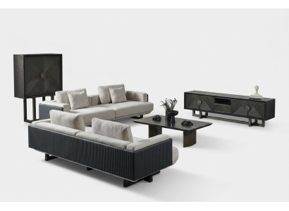 Wohnzimmer Set aus braunem Textil mit Holz Tisch und Sofas