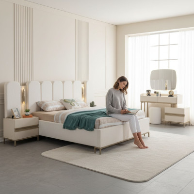 Komplettes Schlafzimmer-Set mit Kommode Spiegel Bett & Nachttischen