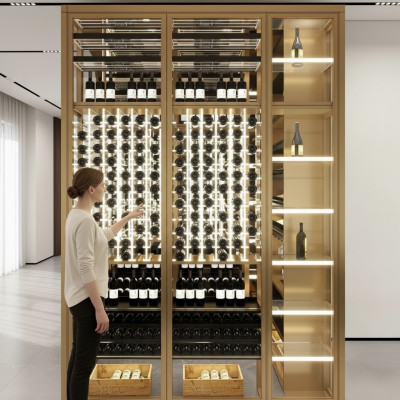 Eleganter Weinschrank aus Edelstahl in Gold mit Doppeltemperaturzone