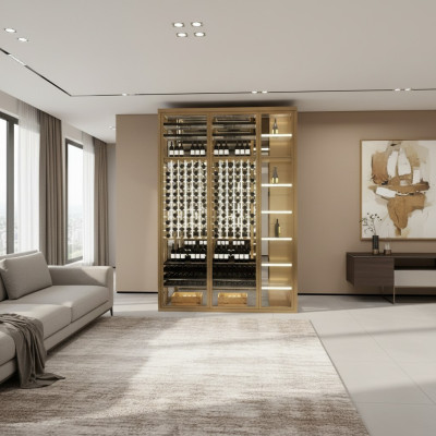 Eleganter Weinschrank aus Edelstahl in Gold mit Doppeltemperaturzone