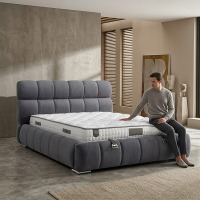 Modern blaues Bett mit Matratze aus Textil und Holz