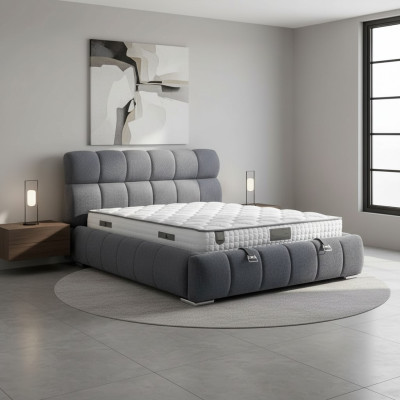 Modern blaues Bett mit Matratze aus Textil und Holz