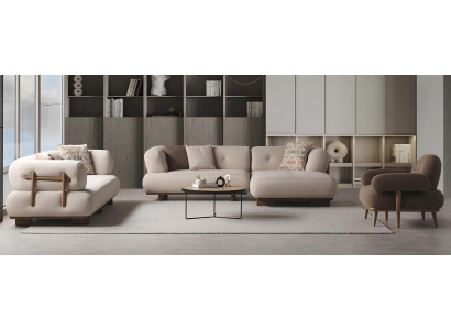 3-Sitzer-Sofa mit Ecksofa in Beige und braunem Sessel mit Holzrahmen