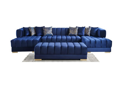 Modernes Wohnzimmer-Set Blaues großes Ecksofa U form mit Hocker 2 Teile