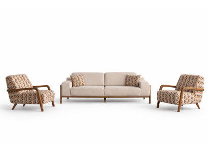 Wohnzimmer-Set Sessel 3-Sitzer-Sofa Beige Holzrahmen Weiche Armlehnen